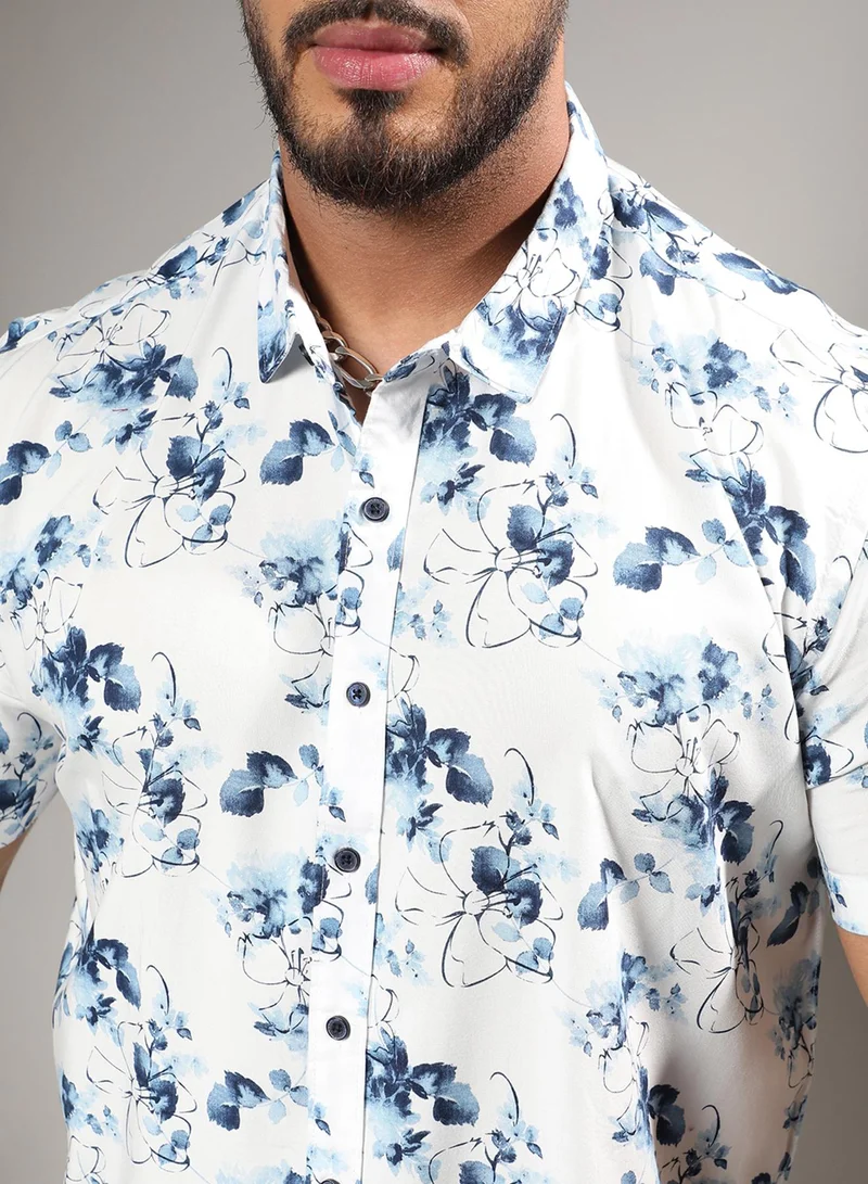 Instafab Plus Instafab Plus Men's Blue & White Botanical Strokes Shirt For Casual Wear | Spread Collar | Short Sleeve | Button Closure | Heavy Rayon Shirts Crafted With Comfort Fit For Everyday Wear