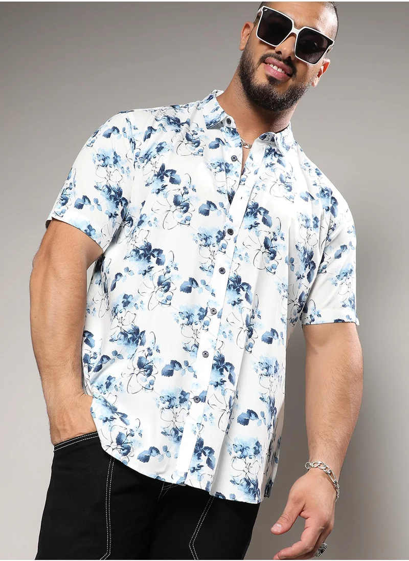 Instafab Plus Instafab Plus Men's Blue & White Botanical Strokes Shirt For Casual Wear | Spread Collar | Short Sleeve | Button Closure | Heavy Rayon Shirts Crafted With Comfort Fit For Everyday Wear