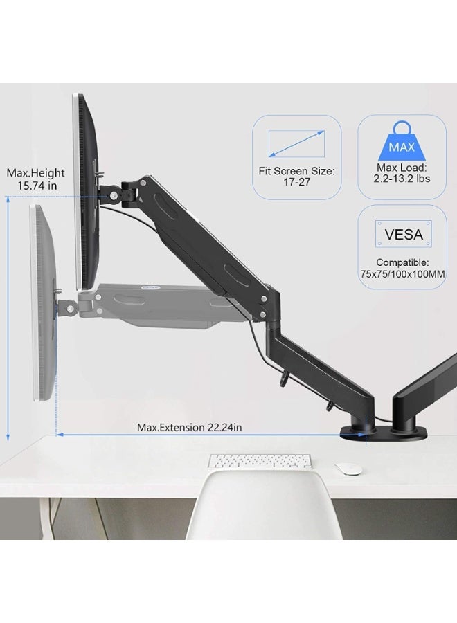 Dual Monitor Stand, Adjustable Spring Monitor Desk Mount for 17-27 inch, Holds Max 9KG, Computer Monitor Arms with Wide Range of Motion for Home Office - Image 3