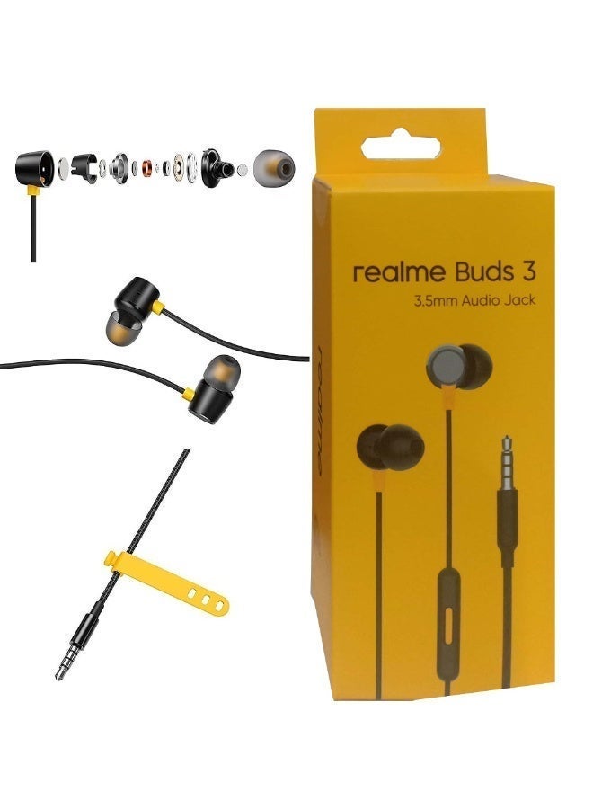 realme Buds 3 Wired in-Ear Earphones with Mic  | Deep Bass | Branded Tangle-Free Braided Cable | Single Button Control | 3.5mm Jack (Black Color) black - Image 4