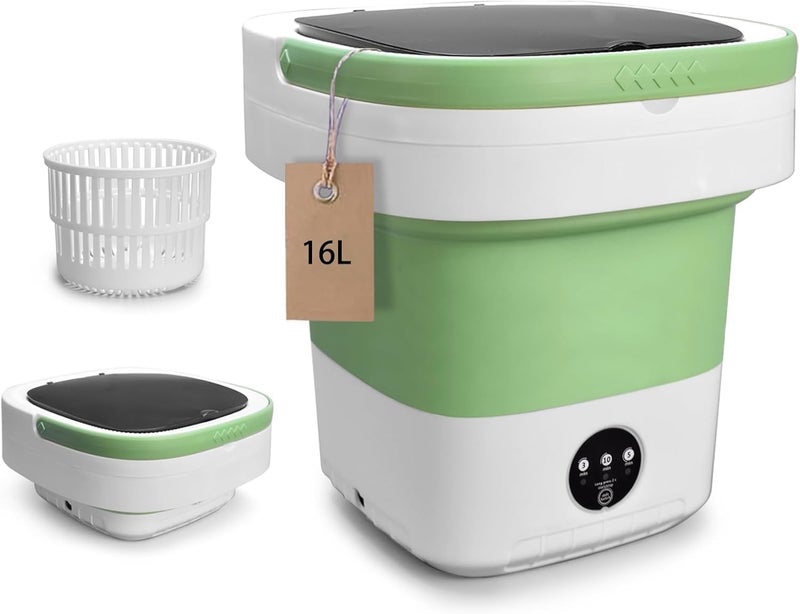 Sangukiro Portable Washing Machine, 16L Upgraded with Spin Basket Laundry Machine, 3 Modes Deep Cleaning, Upgraded Small Collapsible Laundry for Hotel, Apartment, Home and Travel - Green - Image 1