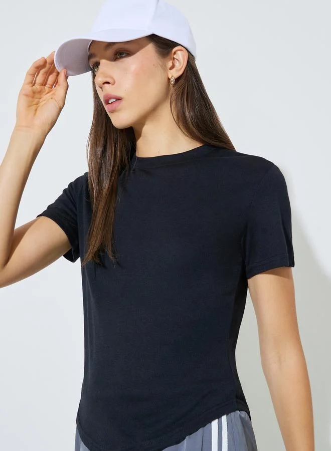 Styli Black Regular Fit T-Shirt with Curved Hem