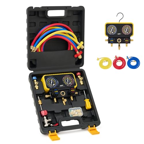 Orion Motor Tech مجموعة عدادات أورايون موتور تكنولوجي R410a، مجموعة عدادات مانيفولد تكييف الهواء لـ R22 R32 410A 134A، مجموعة عدادات تكييف الهواء R410a مانيفولد مع صمامات أمان R410a R22، 3 خراطيم، محولات R410a، صنبور عالمي - Image 1