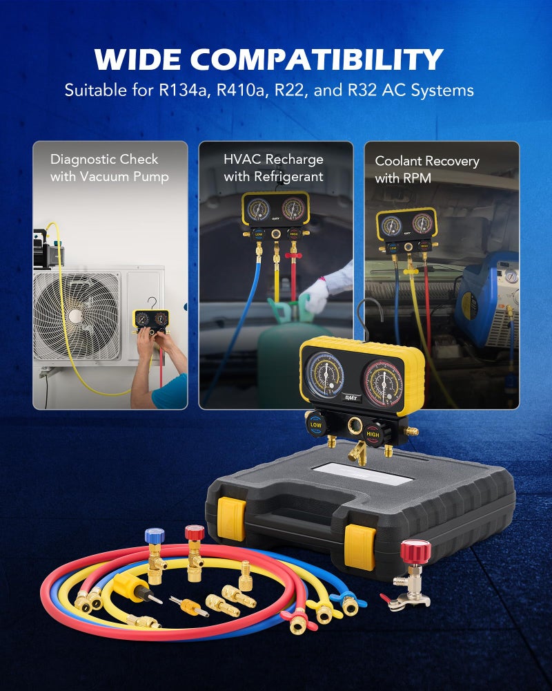 Orion Motor Tech مجموعة عدادات أورايون موتور تكنولوجي R410a، مجموعة عدادات مانيفولد تكييف الهواء لـ R22 R32 410A 134A، مجموعة عدادات تكييف الهواء R410a مانيفولد مع صمامات أمان R410a R22، 3 خراطيم، محولات R410a، صنبور عالمي - Image 4