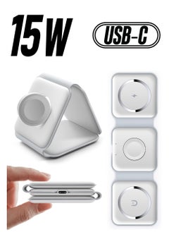 3-in-1 Foldable Magnetic Wireless Charger – 15W Mag-Safe Charging Station for iPhone, Apple Watch, and AirPods (White)