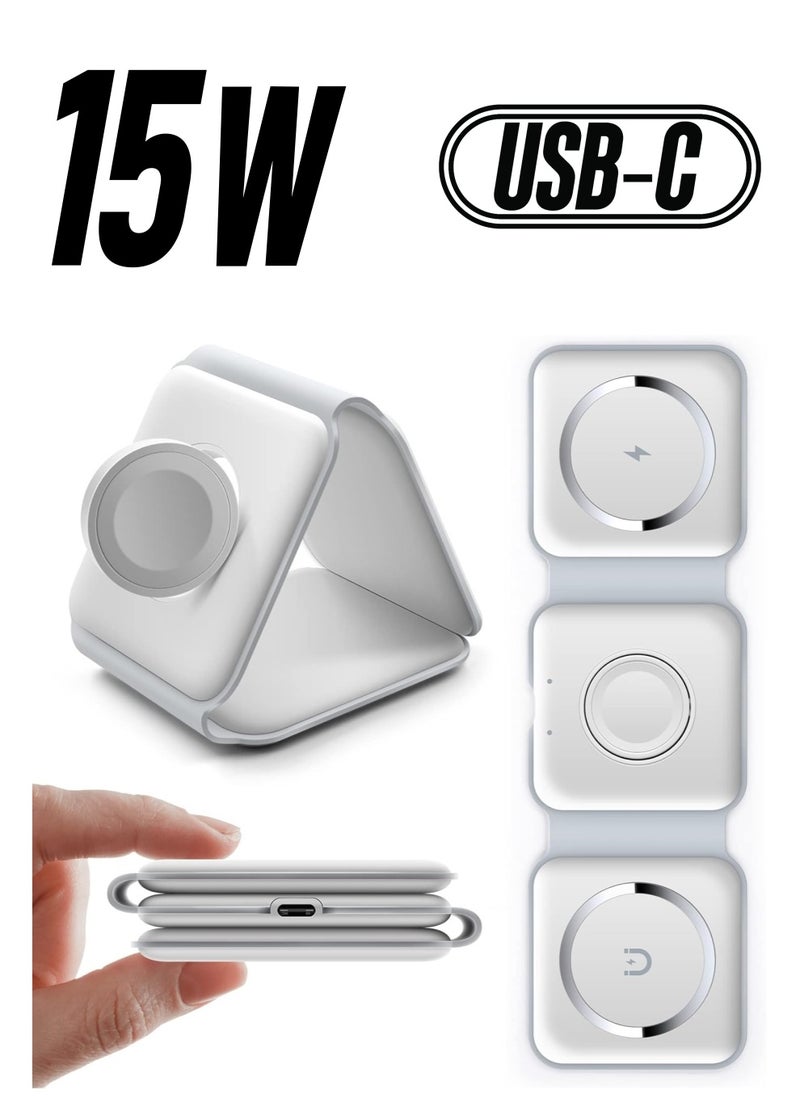 ELTRAZONE - 3-in-1 Foldable Magnetic Wireless Charger – 15W Mag-Safe Charging Station for iPhone, Apple Watch, and AirPods (White) - Image 1