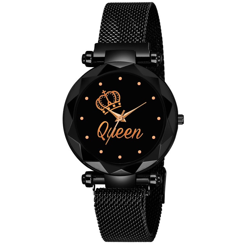 CERO Stainless Steel Analogue Queen Dial Luxury Magnetic Strap Girls And Woman's Wrist Watches (Black) - Image 5