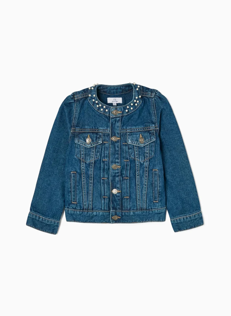 Zippy Denim Jacket with Pearls for Girls, Blue
