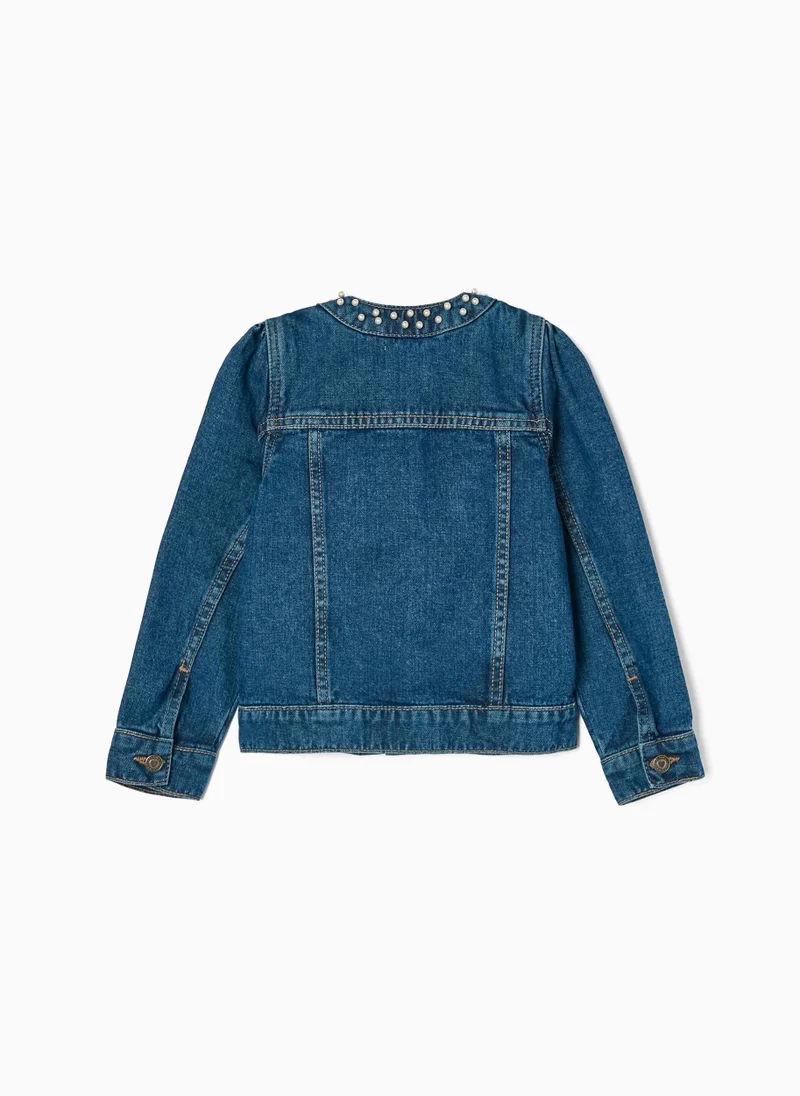 Zippy Denim Jacket with Pearls for Girls, Blue