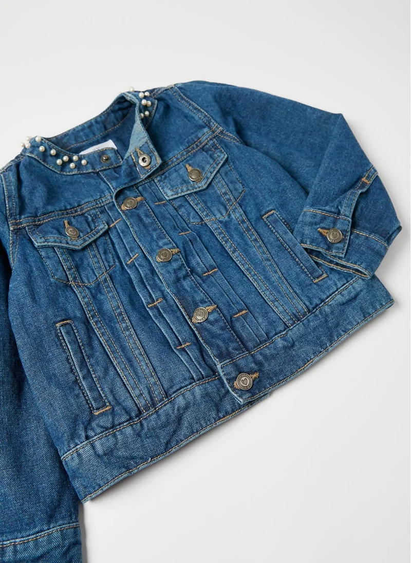 Zippy Denim Jacket with Pearls for Girls, Blue