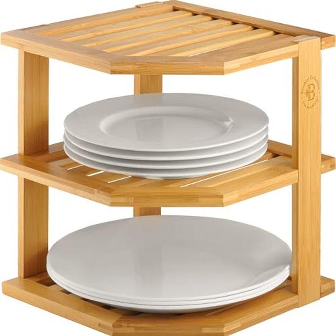Cabinet Organizer Shelf - Bamboo Corner Rack for Kitchen Counter, Cabinet Space Saver for Plates, Dishes, Bowls, Bread - Pantry and Bathroom Storage or Countertop - Useful Home & Housewarming Gift