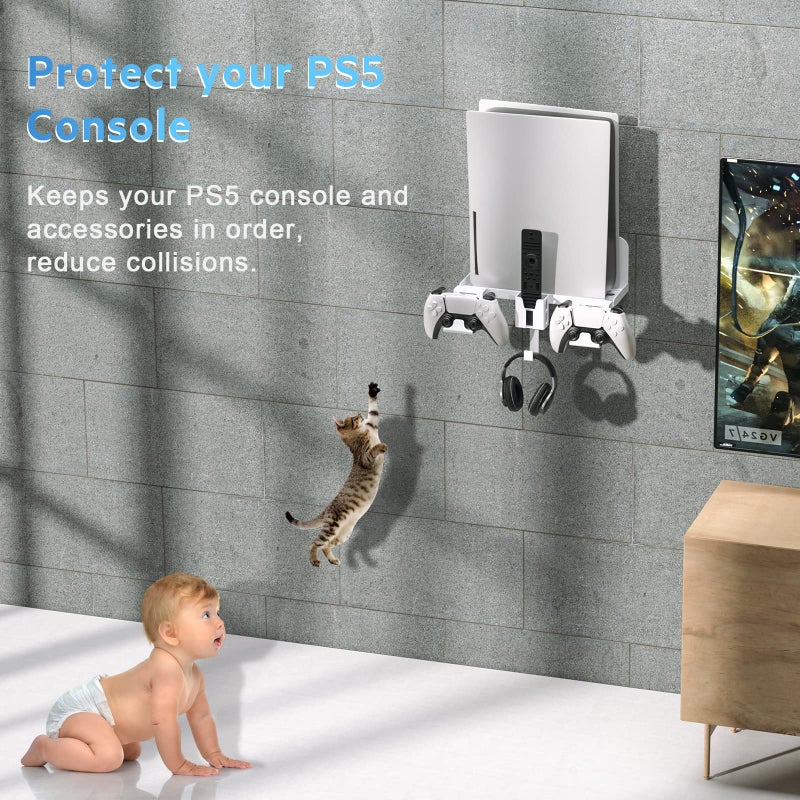 Allnice PS5 Wall Mount, 5 IN 1 Playstation 5 Wall Mount (Disc and Digital Edition) Wall Bracket for Playstation 5 with Detachable Controller Holder & Headphone Hanger & Remote Control Bracket - Image 4