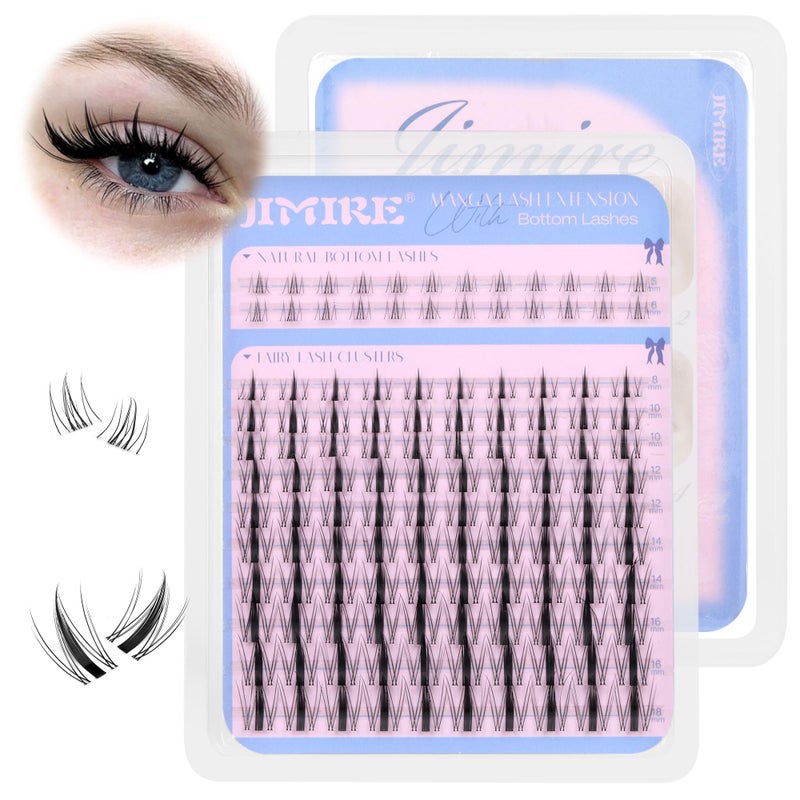 JIMIRE Manga Lash Clusters Wispy 140Pcs Fairy Eyelash Clusters with Bottom Lashes D Curl Cluster Lashes Eyelash Extensions 8-18MM Natural Individual Lashes Wet-Look Invisible Band Lash Extension - Image 1
