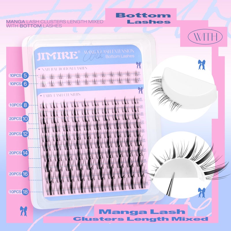 JIMIRE Manga Lash Clusters Wispy 140Pcs Fairy Eyelash Clusters with Bottom Lashes D Curl Cluster Lashes Eyelash Extensions 8-18MM Natural Individual Lashes Wet-Look Invisible Band Lash Extension - Image 2