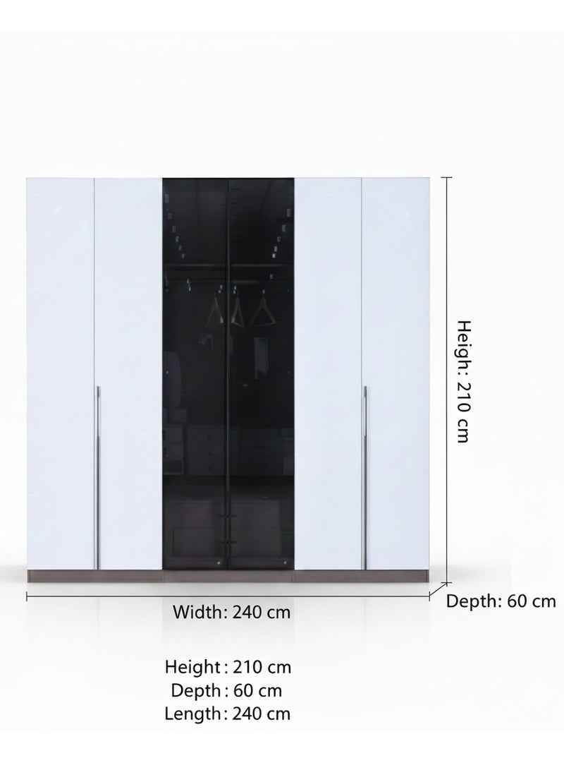 Concent Modern Wardrobe 6 Doors - Glossy White with Premium Black Glass - Modern Design and Spacious Partition - Image 3