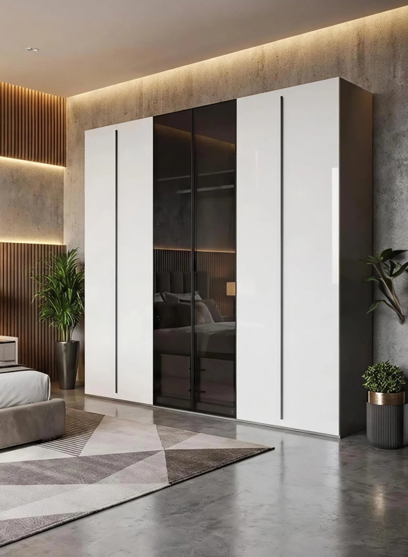Concent Modern Wardrobe 6 Doors - Glossy White with Premium Black Glass - Modern Design and Spacious Partition - Image 4