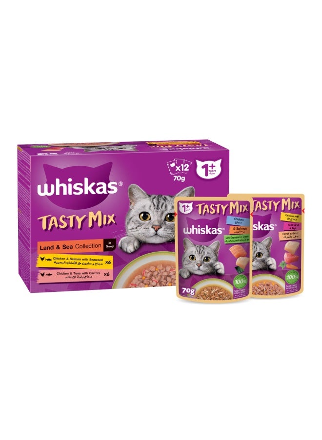 ويسكاس تاستي ميكس مجموعة الأرض والبحر في المرق 70 جرام × 12 دجاج وسلمون مع أعشاب بحرية دجاج وتونة مع جزر - Image 1