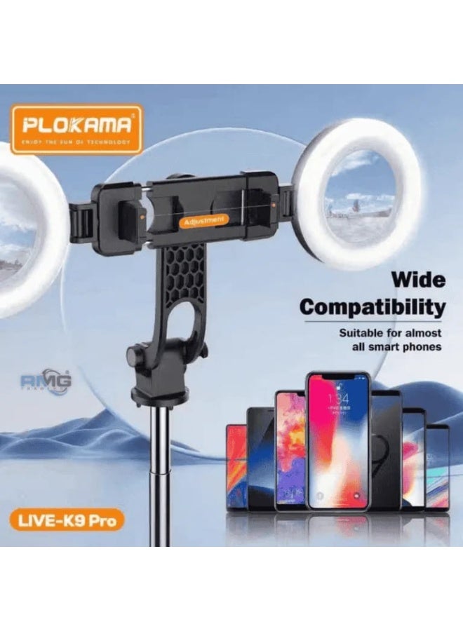 بلوكاما عصا سيلفي PLOKAMA LIVE-K9 Pro 3 في 1 مع إضاءة LED دائرية | وصلة تمديد 1700 مم | حامل هاتف بزاوية 360 درجة | حامل ثلاثي القوائم - Image 2