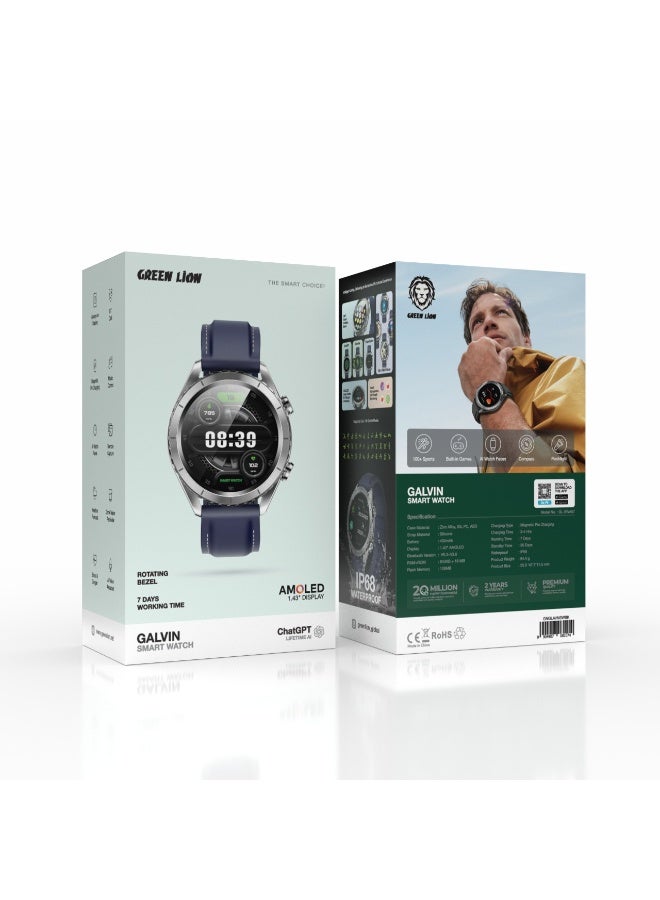 جرين ليون ساعة جالفن الذكية AMOLED مقاس 1.43 بوصة / إطار دوار 960 درجة / أكثر من 100 وضع رياضي / مراقبة الصحة والنوم / مساعد صوتي بالذكاء الاصطناعي / مقاومة للماء IP68 / عمر بطارية طويل / تتبع الدم والأكسجين / تكامل ChatGPT - أزرق وفضي - Image 3