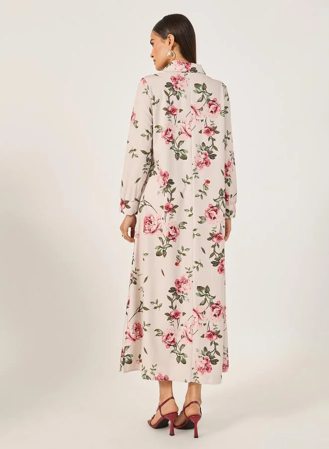 تايك تو Floral Printed Collared A-Line Maxi Dress by Styli