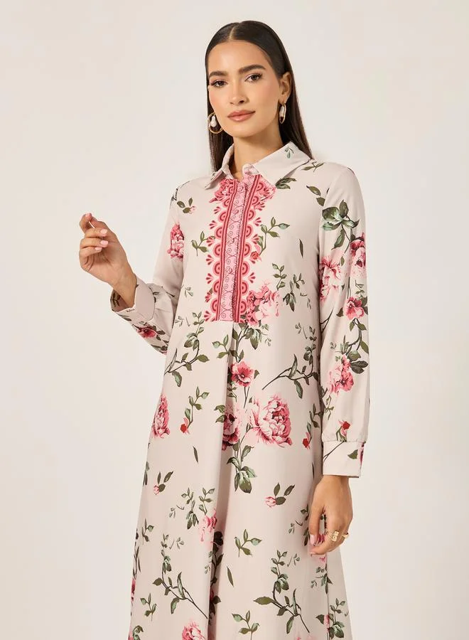 تايك تو Floral Printed Collared A-Line Maxi Dress by Styli