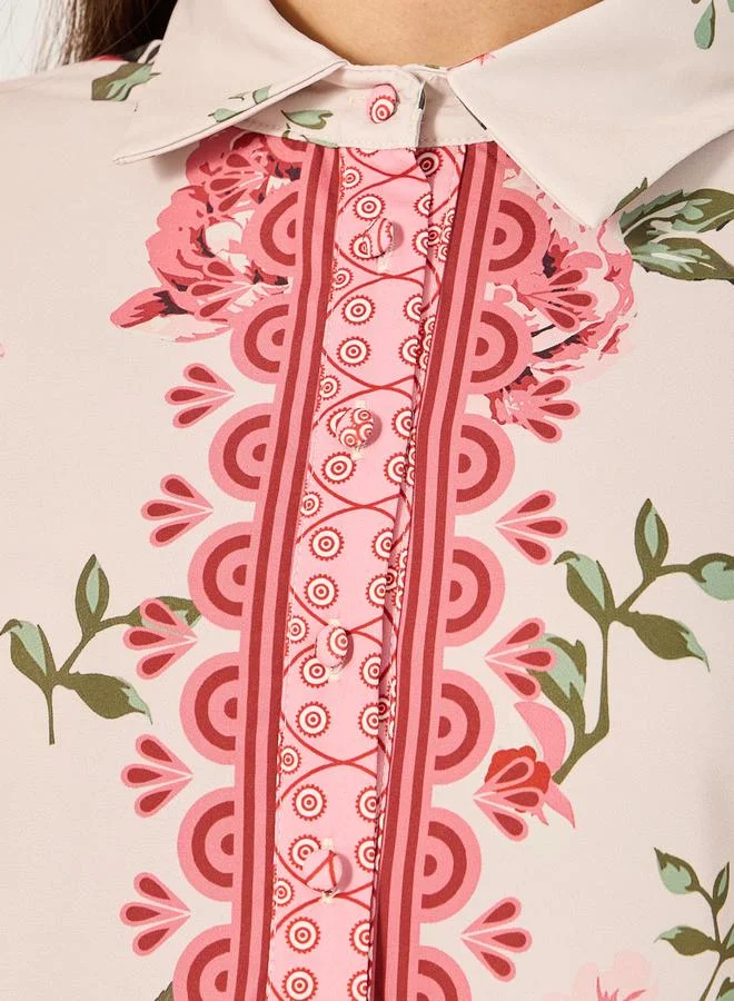 تايك تو Floral Printed Collared A-Line Maxi Dress by Styli