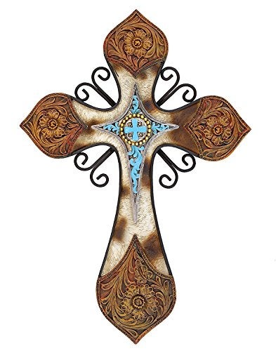 Cross Cowhide Tooled Leather Cross with Turquoise Layer in Resin and Metal Combination - Image 4