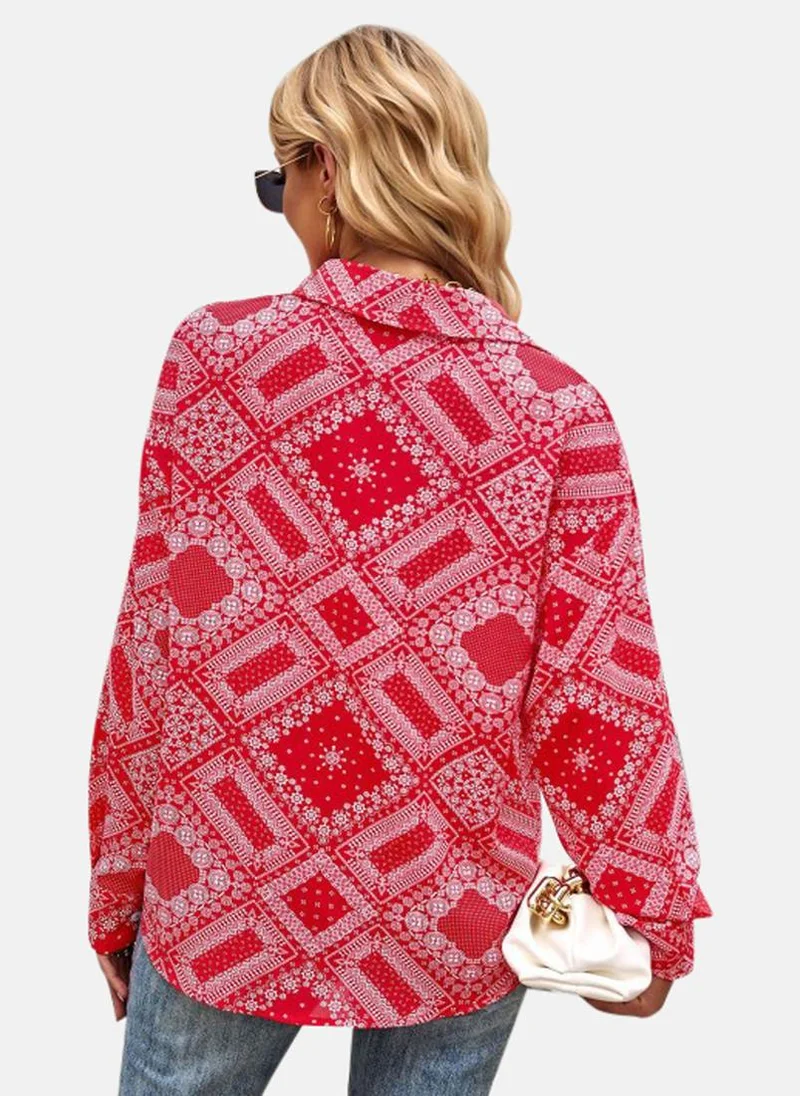 YUNIQEE Maroon Shirt Collar Printed Top