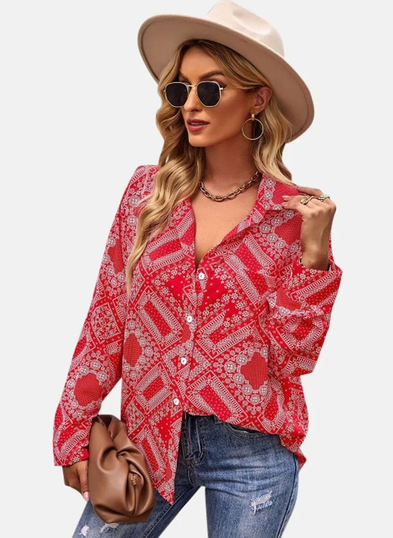 YUNIQEE Maroon Shirt Collar Printed Top