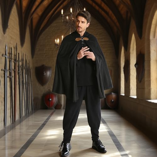 TOONRAIN Men's Adult Medieval Cloak Hoodie Velvet Renaissance Cape Halloween Dress Up (Round Buckle Black,31.45'') - Image 3