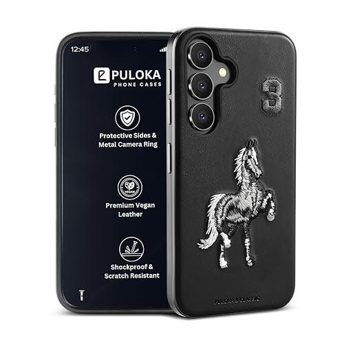 PULOKA - Mobile Cover Compatible for Samsung S25 - Horse Embroidery - Sleek & Stylish - Protective & Anti Scratch Phone Cover Vegan Leather Back Case - Men & Women - Santa Barbara Polo (Black) - Image 1