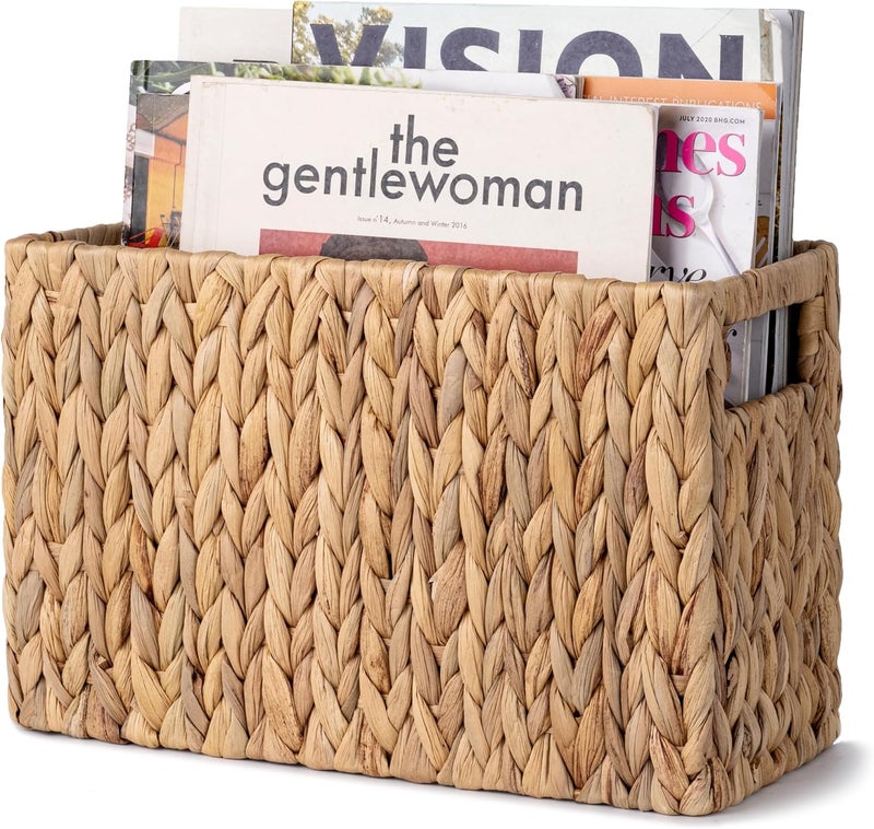 StorageWorks Hand-Woven Magazine Holder, Magazine Wicker Basket for Bathroom, Office, Rattan Magazine Holder, Natural Water Hyacinth, 1 Pack - Image 1
