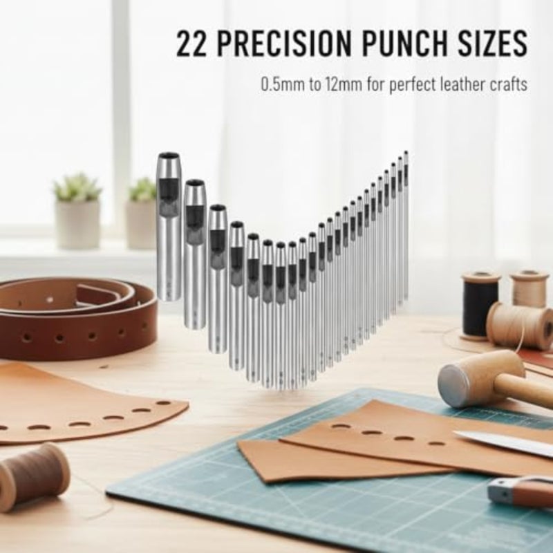 Heavy Duty Leather Hole Punch Tool Set, 22pcs Round Hole Punches 0.5-12mm for Leather, Belts, Watch Bands, Canvas, Paper, Plastic Crafts, Professional Leatherworking Kit - Image 3