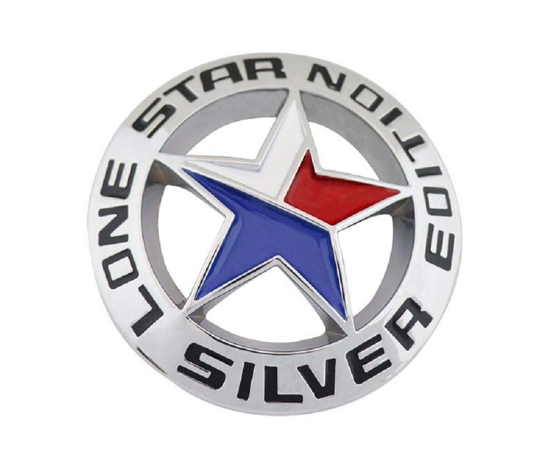 Muzzys Lone Star Silver Edition Texas Emblem Decal Longhorn Badge Universal Stick On FITS Chevy Silverado Suburban Tahoe GMC Sierra Ford F150 Ranger F150 Dodge Ram Nissan Titan Car Auto Truck