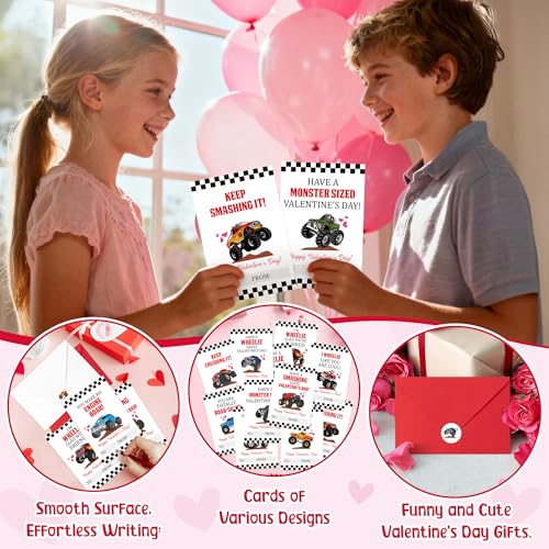 TICIAGA 72pcs Valentine’s Day Monster Truck Greeting Cards with Envelop and Sticker for Kid, 4 x 6 IN Monster Truck Notecard Exchange Gift for Boy Girl School Classroom Supply, Valentines Party Favor - Image 4
