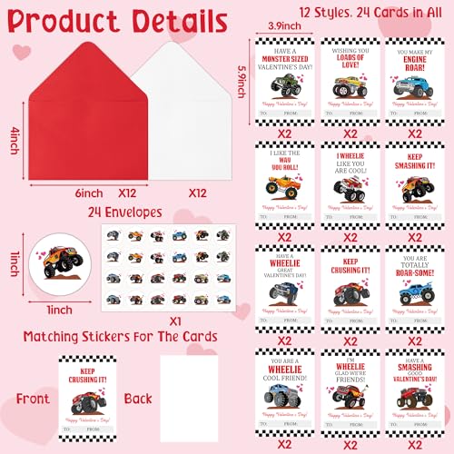 TICIAGA 72pcs Valentine’s Day Monster Truck Greeting Cards with Envelop and Sticker for Kid, 4 x 6 IN Monster Truck Notecard Exchange Gift for Boy Girl School Classroom Supply, Valentines Party Favor - Image 2