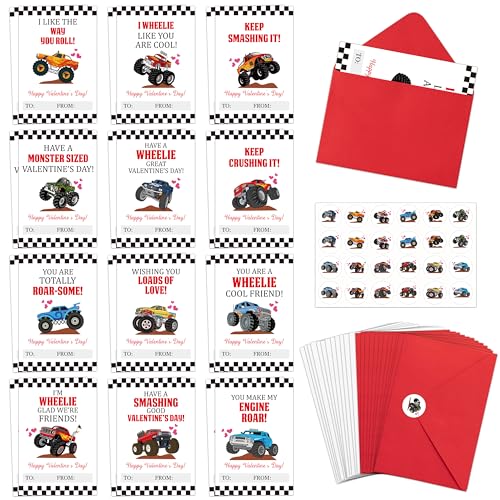 TICIAGA 72pcs Valentine’s Day Monster Truck Greeting Cards with Envelop and Sticker for Kid, 4 x 6 IN Monster Truck Notecard Exchange Gift for Boy Girl School Classroom Supply, Valentines Party Favor - Image 1