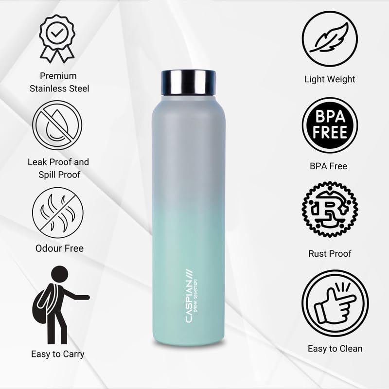 CASPIAN /// Astra ISI Certified Stainless Steel Water Bottle 1 ltr. (Grey & Green 1 Litre) |Leak Proof Thunder for Fridge Home Office Travel School Kids Boys Girls Adults Sports Gym Yoga Gift|BPA Free - Image 3