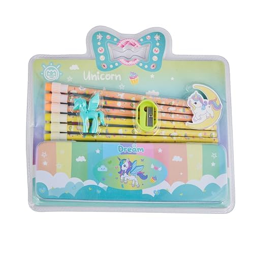 GETHOME Gethome Unicorn Dream Stationery Pencil Set Combo with Metal Compass, 6 Colorful Pencils, Sharpener, Eraser for School Kids Fun and Functional School Supplies Stationary (Pack Of 1)  - Image 1