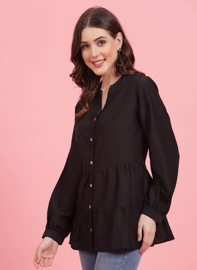 PlusS Black Mandarin Collar Gathered Shirt Style Top for Women - Image 4