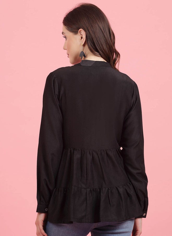 PlusS Black Mandarin Collar Gathered Shirt Style Top for Women - Image 5