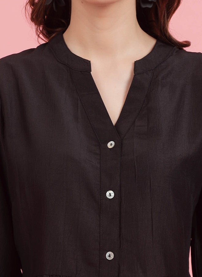 PlusS Black Mandarin Collar Gathered Shirt Style Top for Women - Image 2