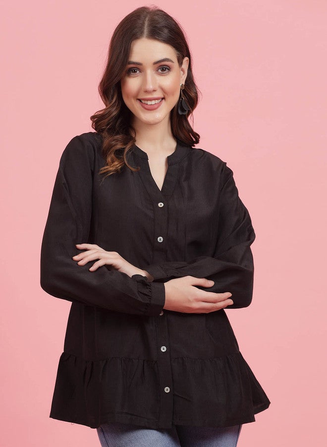 PlusS Black Mandarin Collar Gathered Shirt Style Top for Women - Image 1
