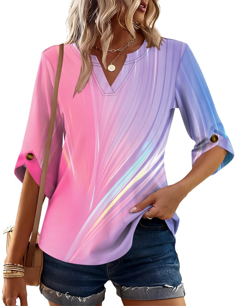 Kistore Tops for Women 3/4 Sleeve Aurora Shirts Buttoned Spring V Neck Tshirts Casual Dressy Blouse Fashion Pink Blue M - Image 2