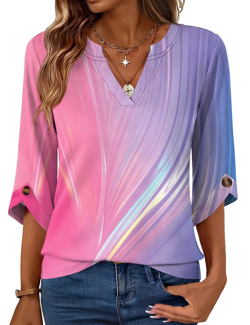 Kistore Tops for Women 3/4 Sleeve Aurora Shirts Buttoned Spring V Neck Tshirts Casual Dressy Blouse Fashion Pink Blue M - Image 1
