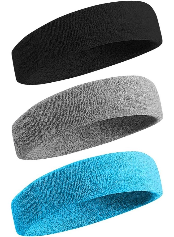 TEMPO 3 Pcs Headbands, Stretchy Non Slip - Sweatbands Sports Hairband for Men & Women, Moisture Wicking Athletic Cotton Terry Cloth, Summer Head band for Yoga, Workout, Running, Tennis, Basketball - Cycling Fashion Hair Accessories - Image 1