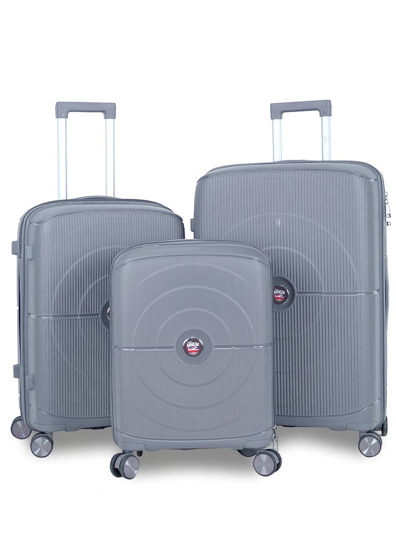 MNUK PREMIO Set of 3 Luggage| Polypropylene (PP) Hardside Luggage Trolley|Double 360° 4 Wheeler| Cabin-20 Inch, Medium- 24 Inch, Large-28 Inch|Grey - Image 1