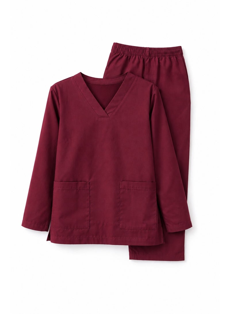 Rannah's Uniform Women’s Medical Scrub Set Maroon Long Sleeve V-Neck Top & Elastic Waist Pants - Image 1