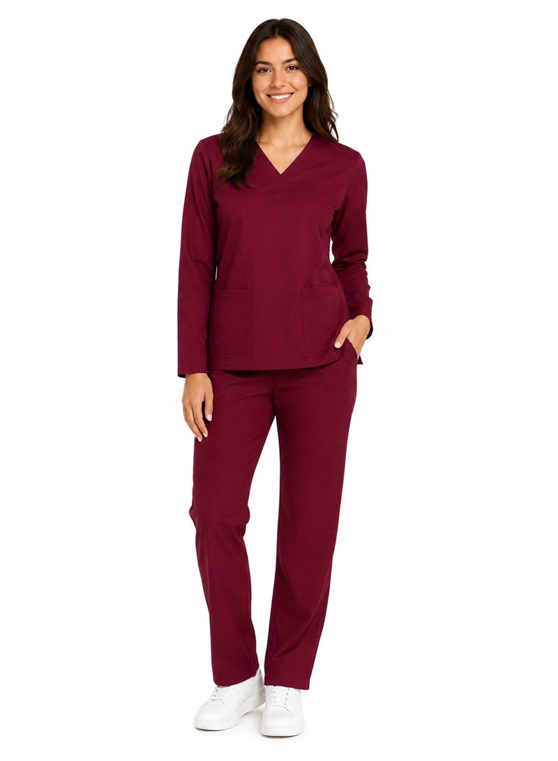 Rannah's Uniform Women’s Medical Scrub Set Maroon Long Sleeve V-Neck Top & Elastic Waist Pants - Image 2