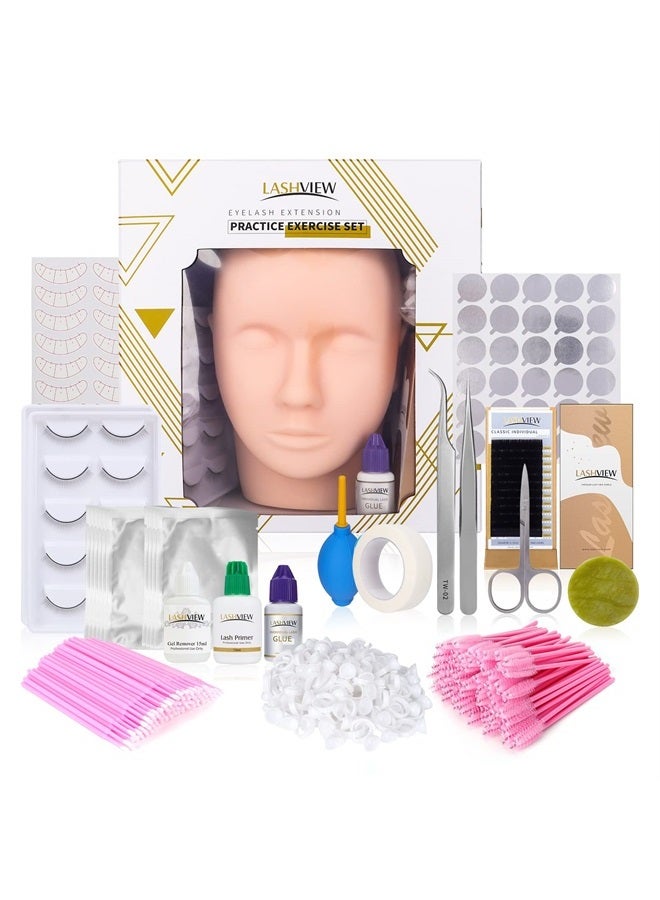 Eyelash Extension Kit, Lash Extension Practice Kit, with Mannequin Head Practice Exercise Set, Training Lash Extension Supplies for Beginners Include Individual Lashes Glue Tweezers and Train